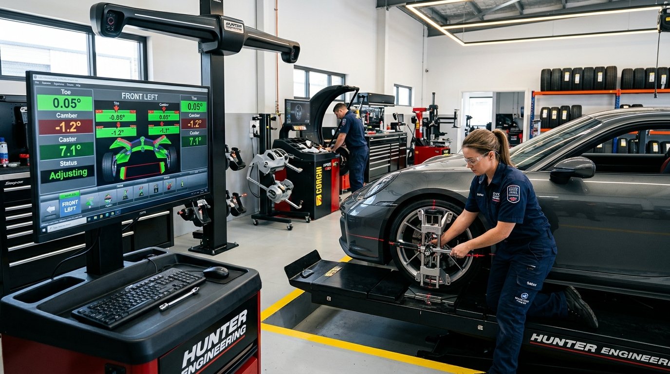 Computerized 3D wheel alignment and technician calibrating suspension